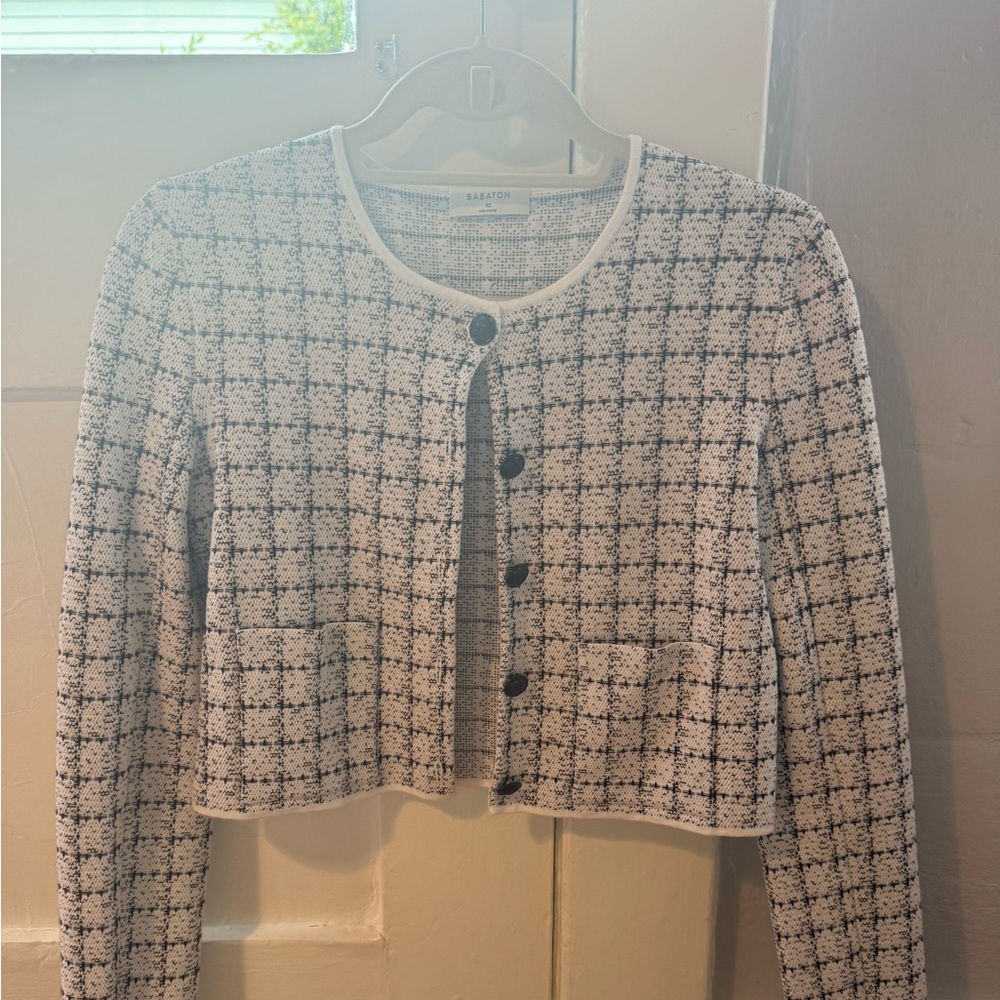 White + black cropped blazer / sweater